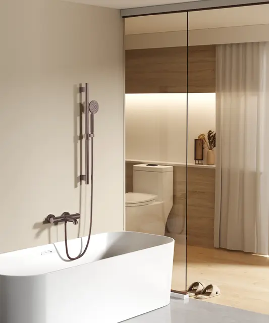 Benino Badekarsett - Bronse Matt Baderkarsarmatur med glidestang 